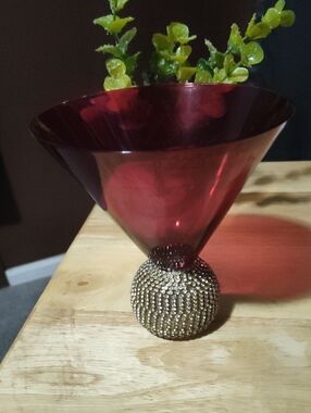 Decorative Red Glass Vase with Gold Beaded Base
